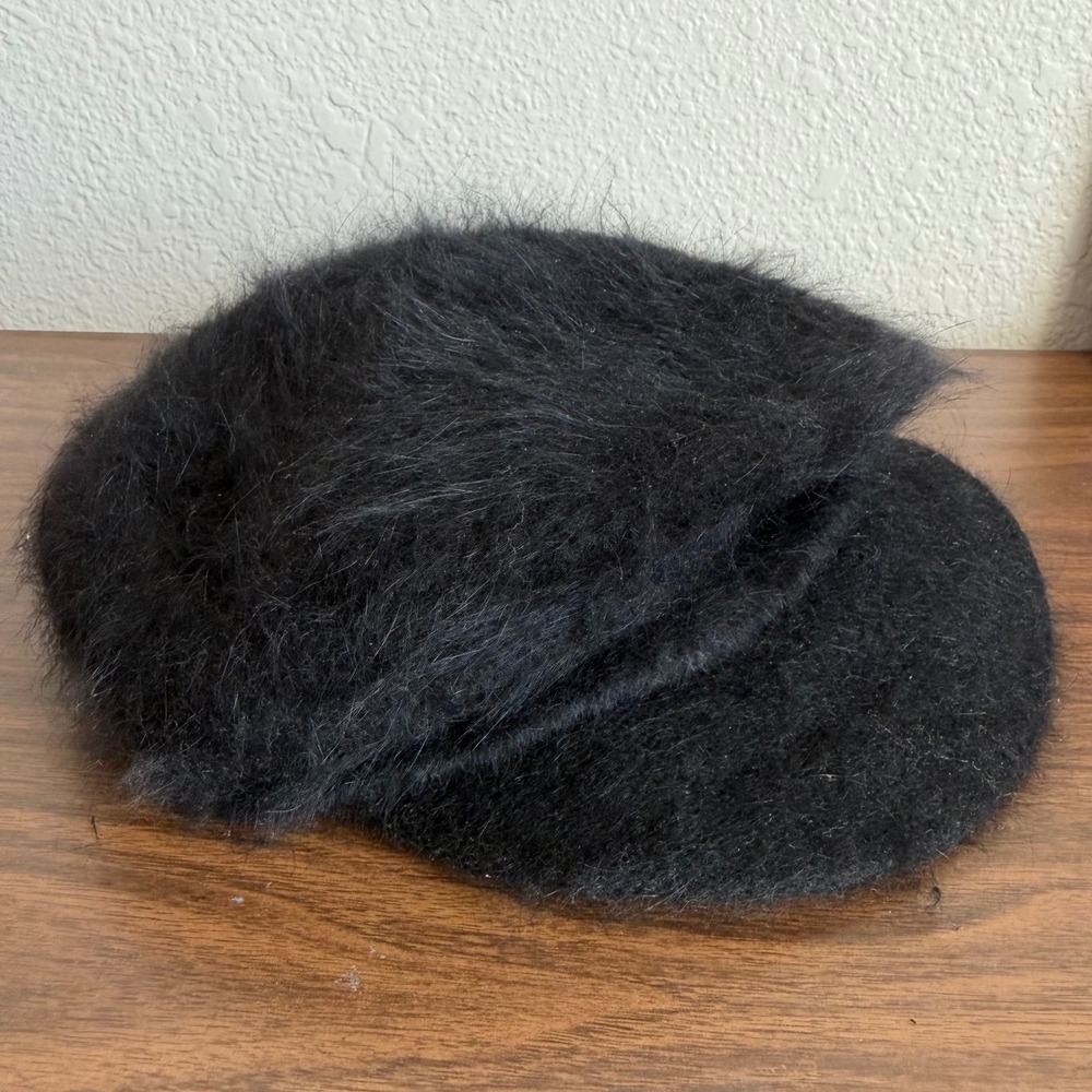 Vintage Fuzzy Black Angora Rabbit Hair Newsboy Cap Baker Boy Hat Preppy 90's Y2K